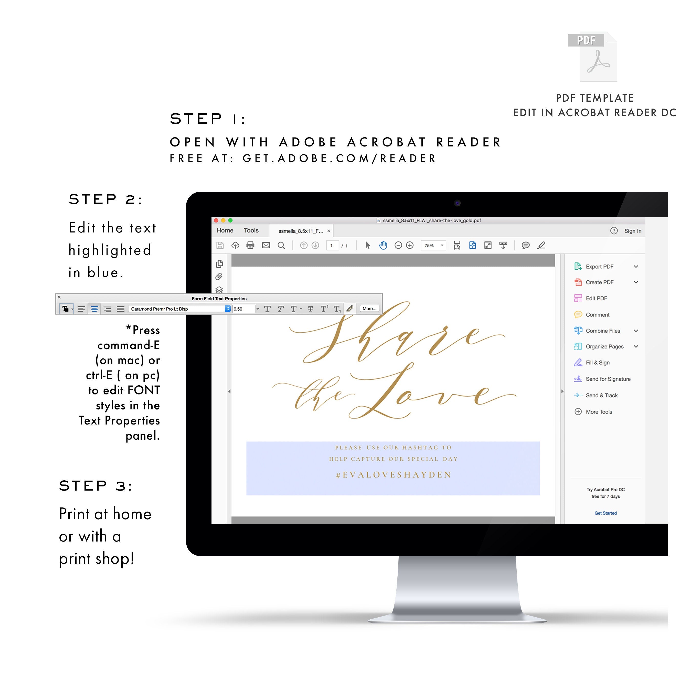 Gold Social Media Wedding Sign: Share the Love (Editable PDF Template)