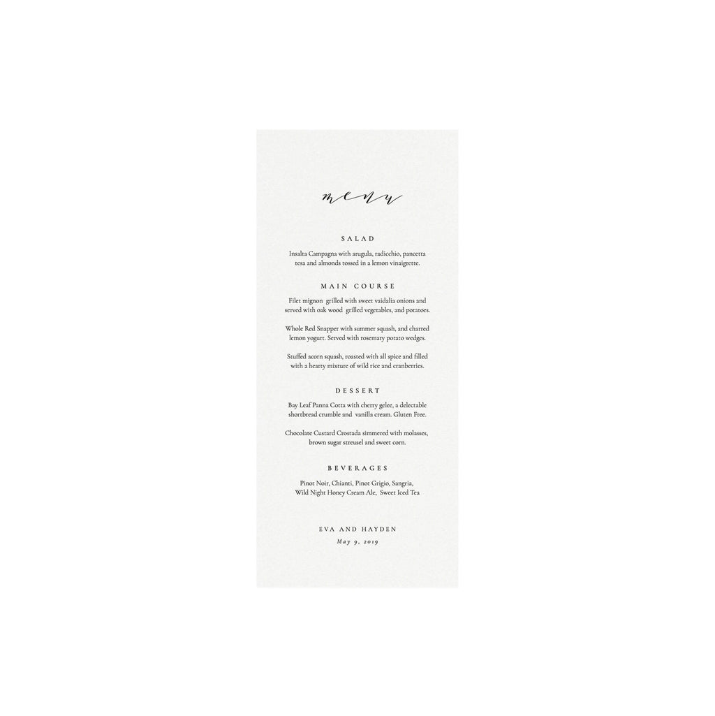 Calligraphy Wedding Menu Template: Minimalist 4x9 (Instant Download)