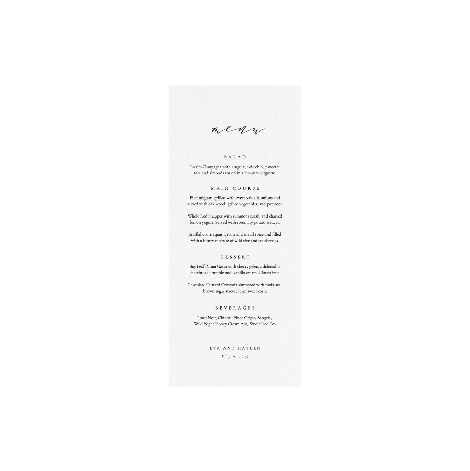 Calligraphy Wedding Menu Template: Minimalist 4x9 (Instant Download)
