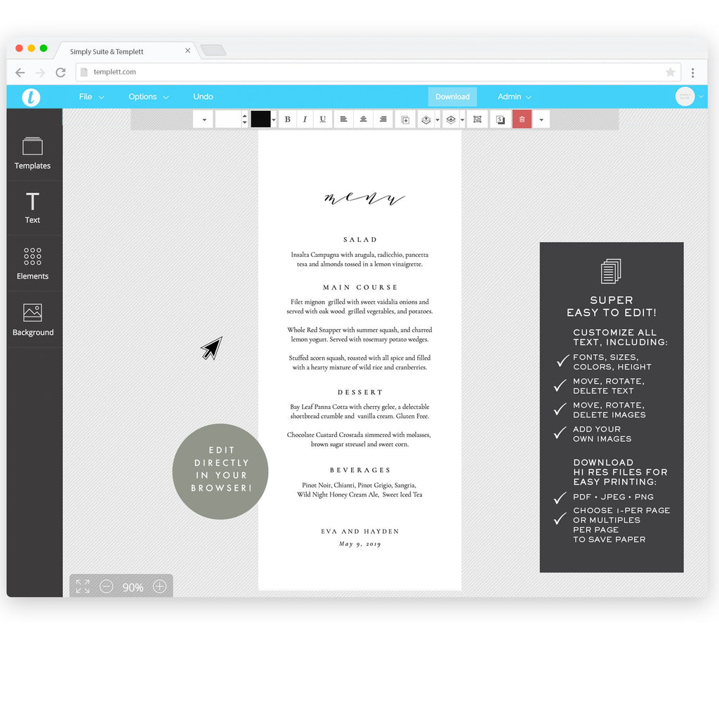 Calligraphy Wedding Menu Template: Minimalist 4x9 (Instant Download)