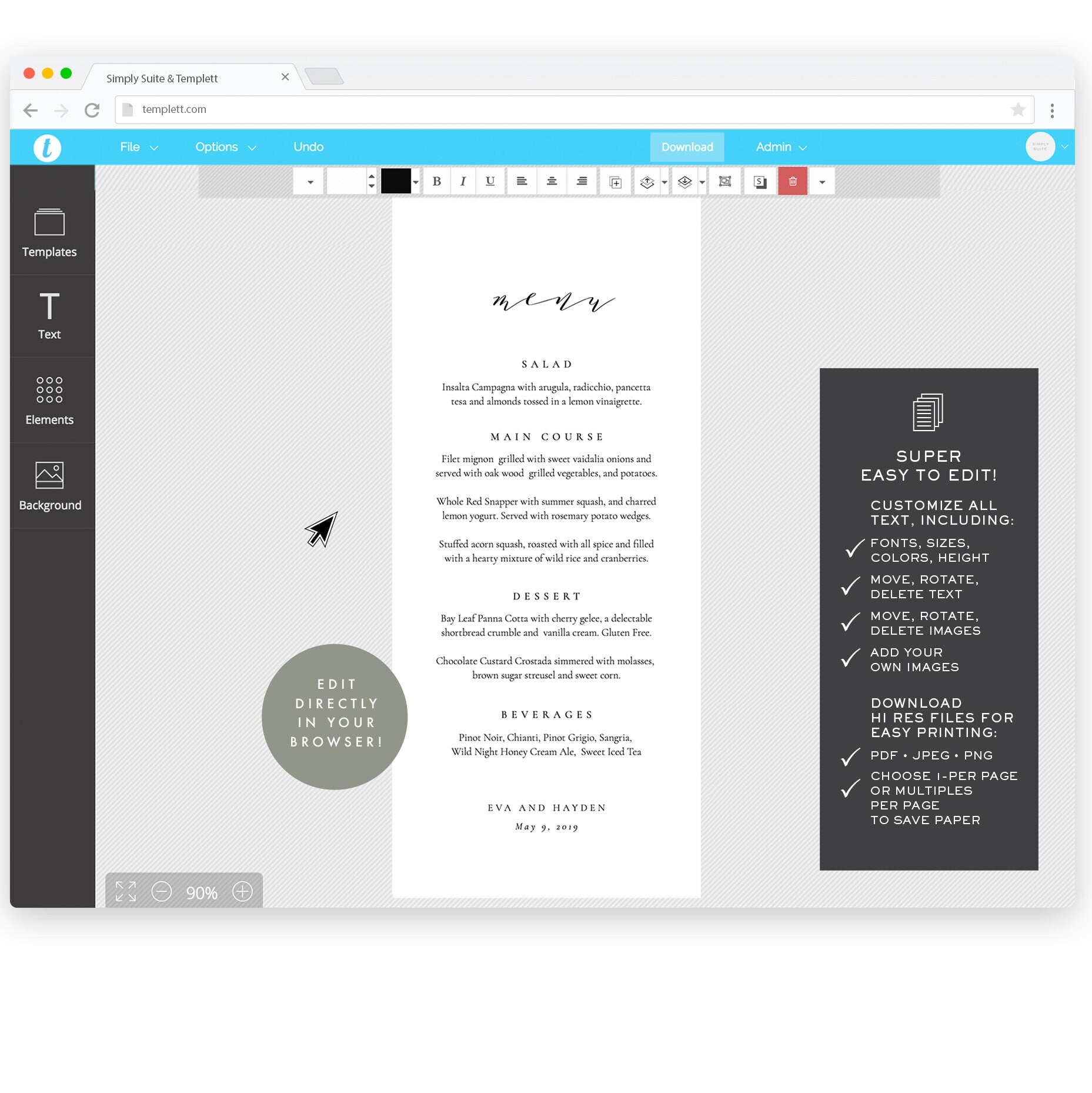 Calligraphy Wedding Menu Template: Minimalist 4x9 (Instant Download)
