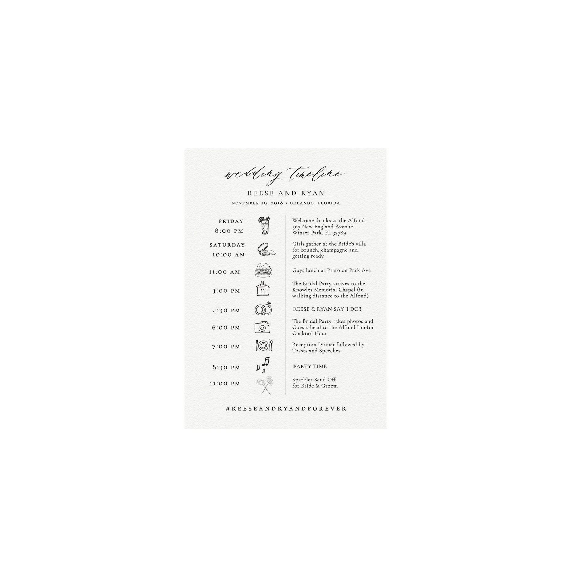 Wedding Timeline Template: Reese, 5x7 with Icons (DIY, Instant Download)
