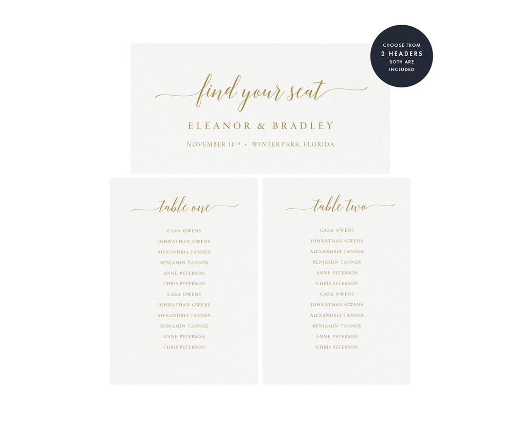Gold Wedding Seating Chart Template: Tables 1-20 (PDF Download)