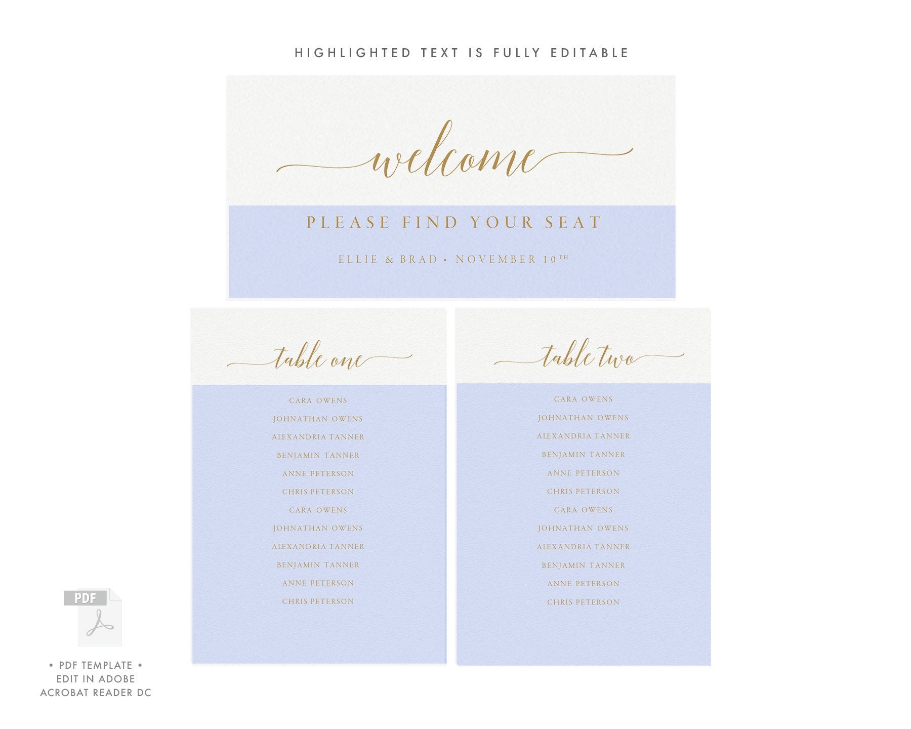 Gold Wedding Seating Chart Template: Tables 1-20 (PDF Download)