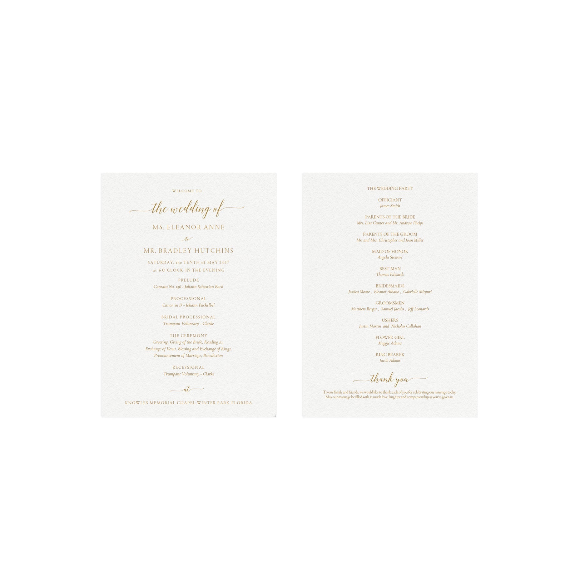Gold Elegant Wedding Program Template: Editable 5x7 PDF (Instant Download)