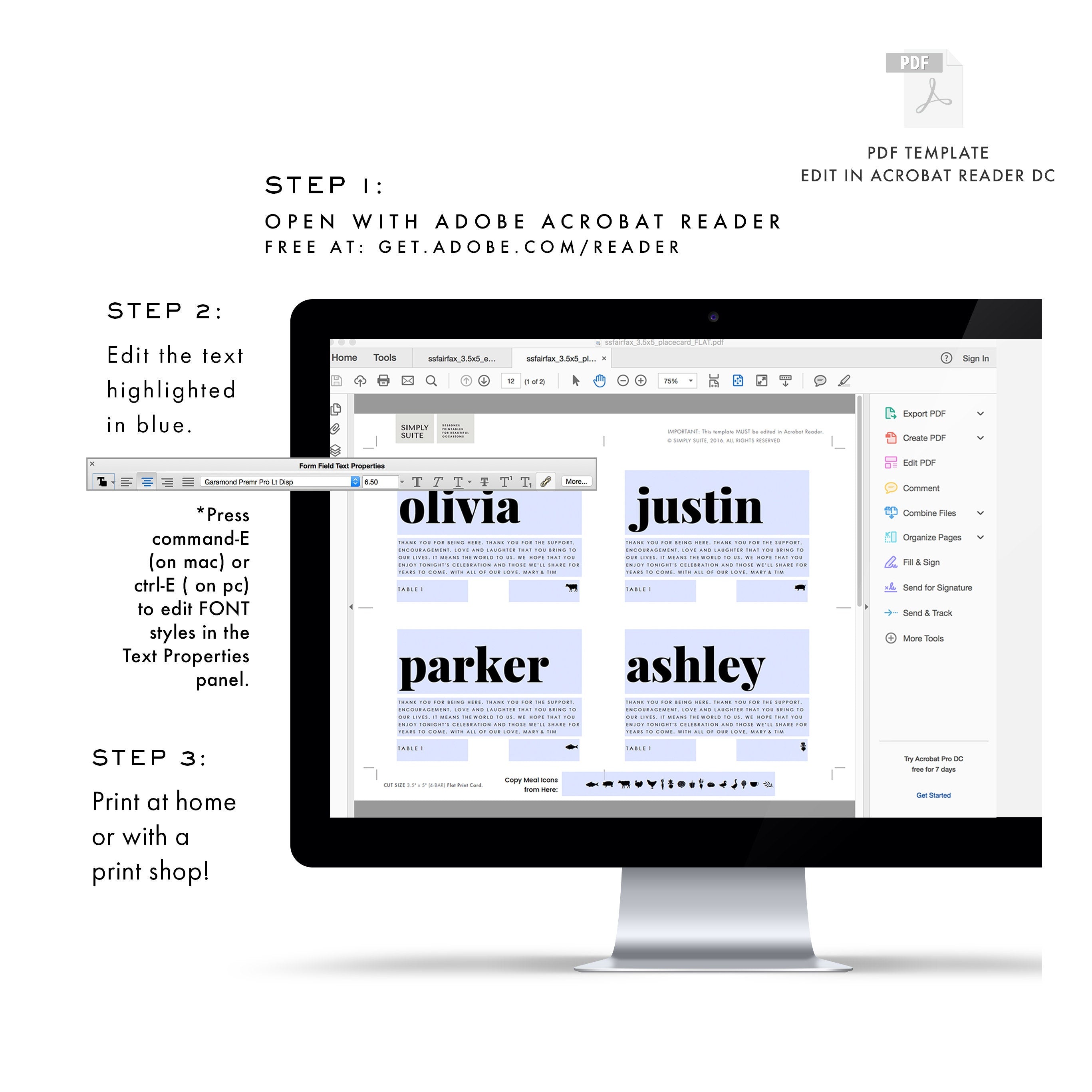 Fairfax: Escort Card Template with Meal Icons,  3.5x5 Flat AND Folded Tent Escort Card, Modern, Editable Place Card, PDF Instant Download