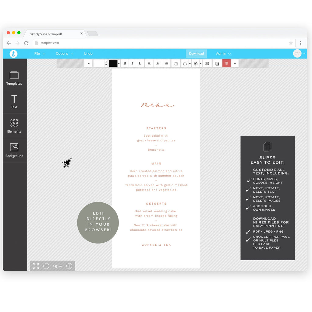 Blush Calligraphy Wedding Menu Template: 4x9 Printable (Instant Download)