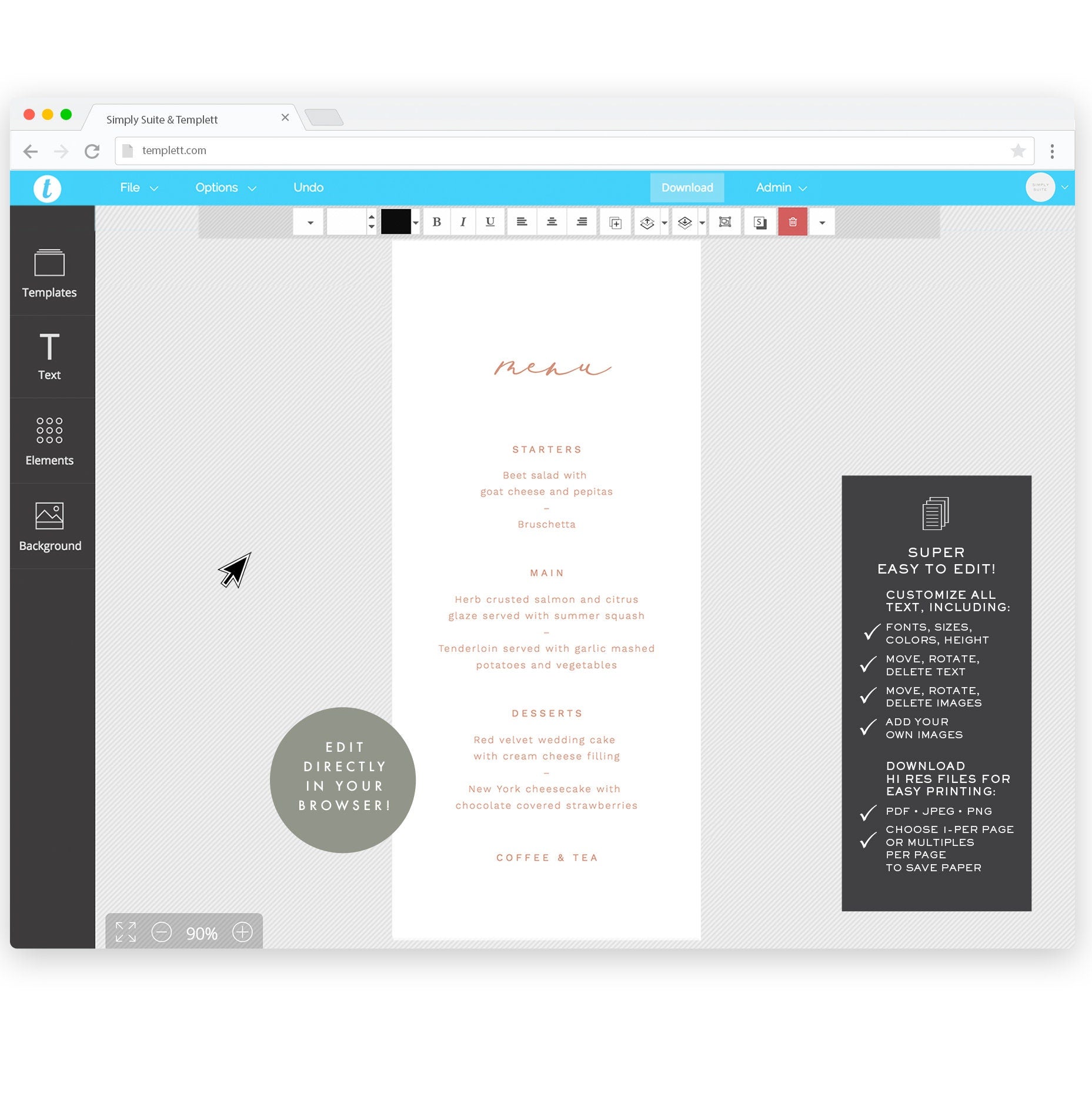 Blush Calligraphy Wedding Menu Template: 4x9 Printable (Instant Download)