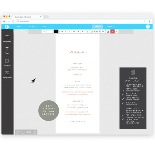 Blush Calligraphy Wedding Menu Template: 4x9 Printable (Instant Download)