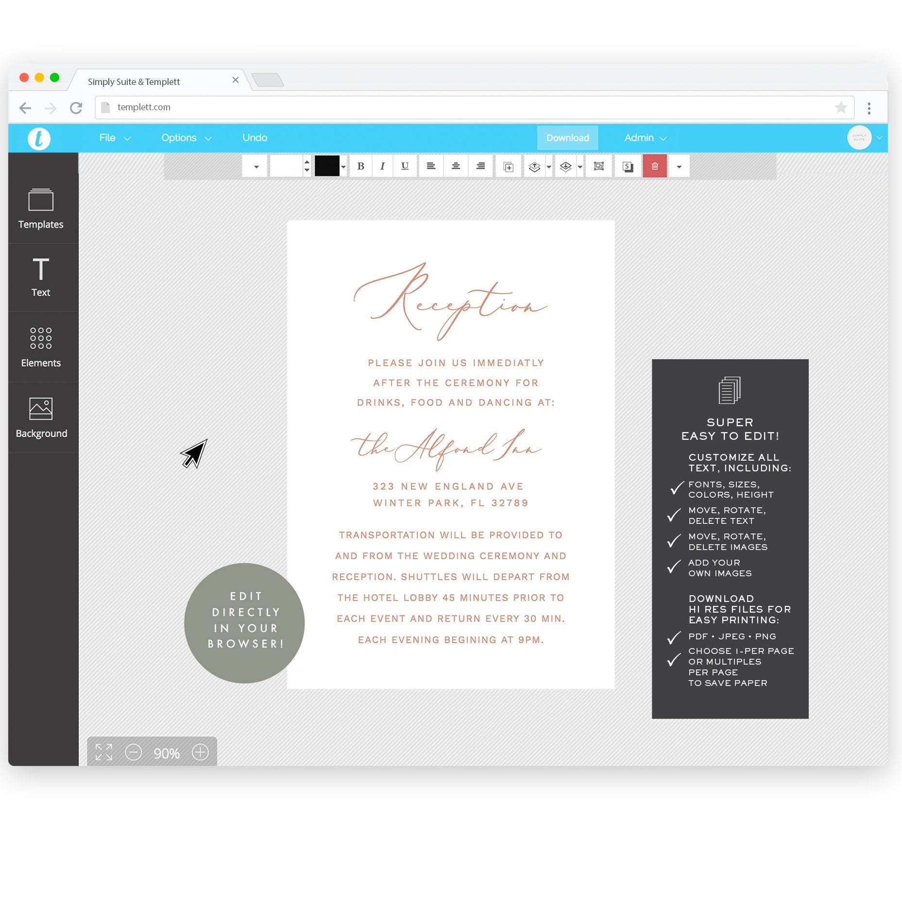 Blush Calligraphy Reception Card: 3.5x5 Wedding Info (Editable Template)