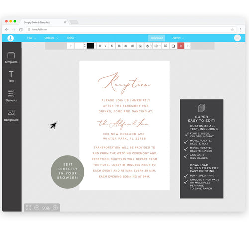 Blush Calligraphy Reception Card: 3.5x5 Wedding Info (Editable Template)