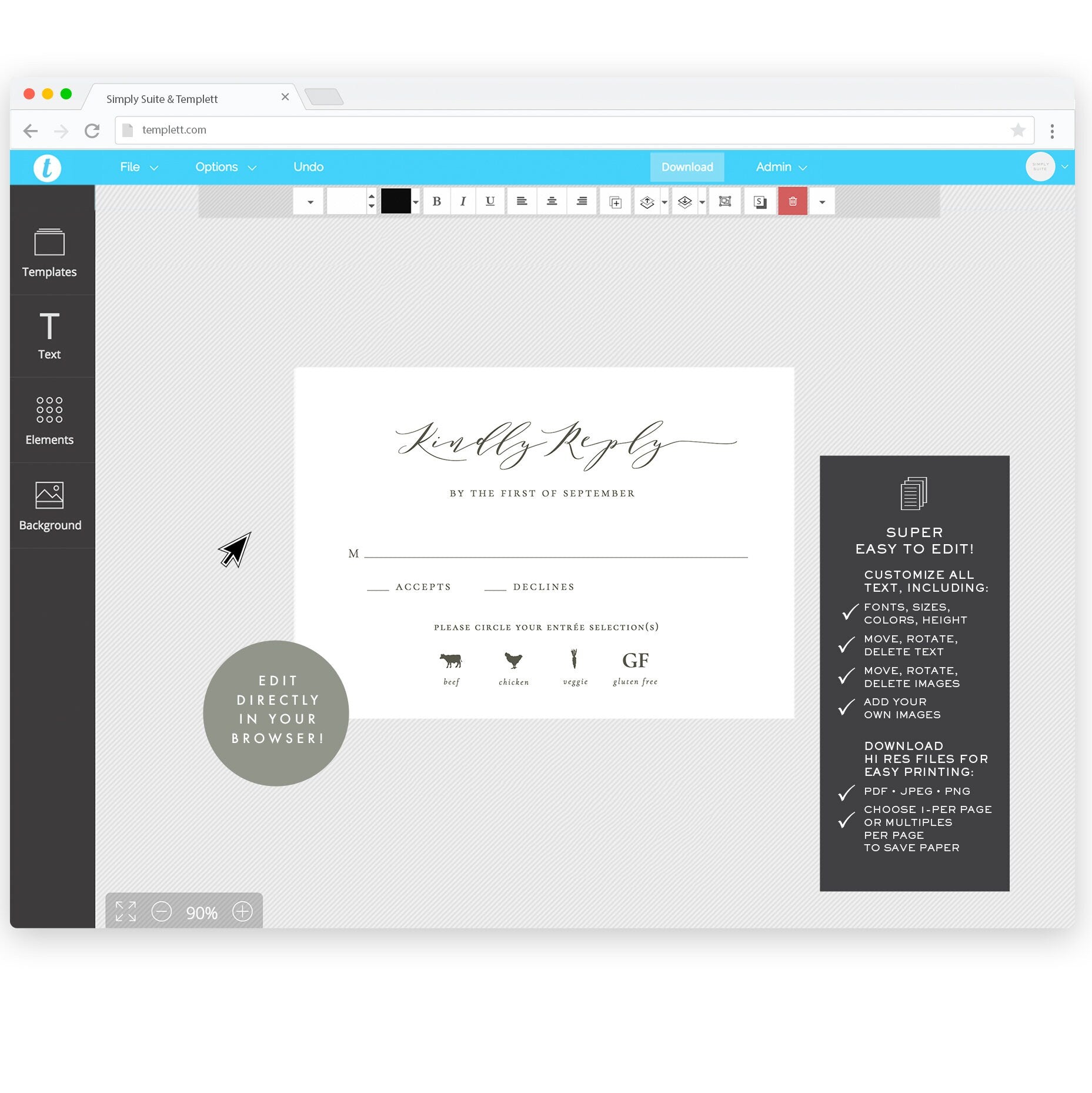 Slate Gray Wedding RSVP Card Template with Meal Icons (Digital Download)