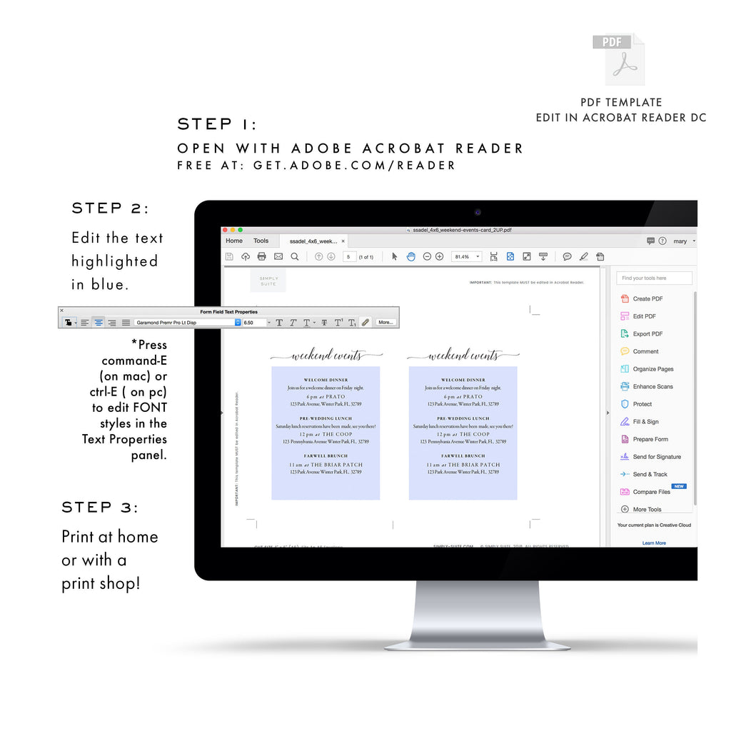 Wedding Weekend Itinerary Card: Printable Order of Events (PDF Download)