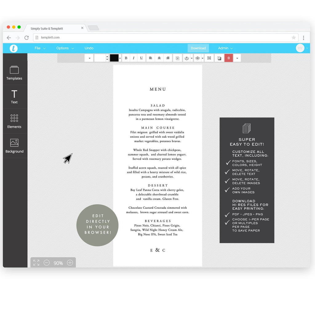 Elegant Wedding Menu Template: Simple Classic Design (Instant Download)