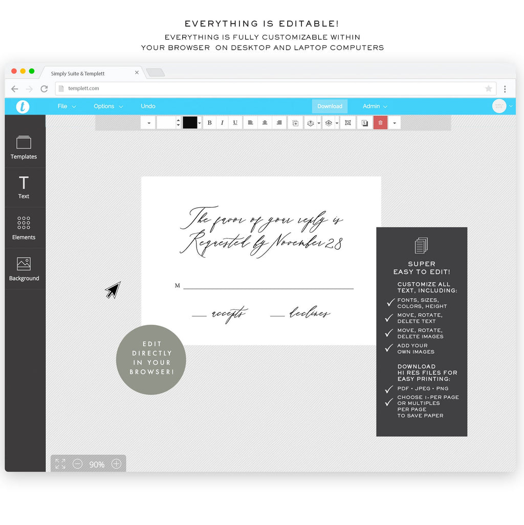 Calligraphy Wedding RSVP Card Template: Traditional, DIY (Instant Download)