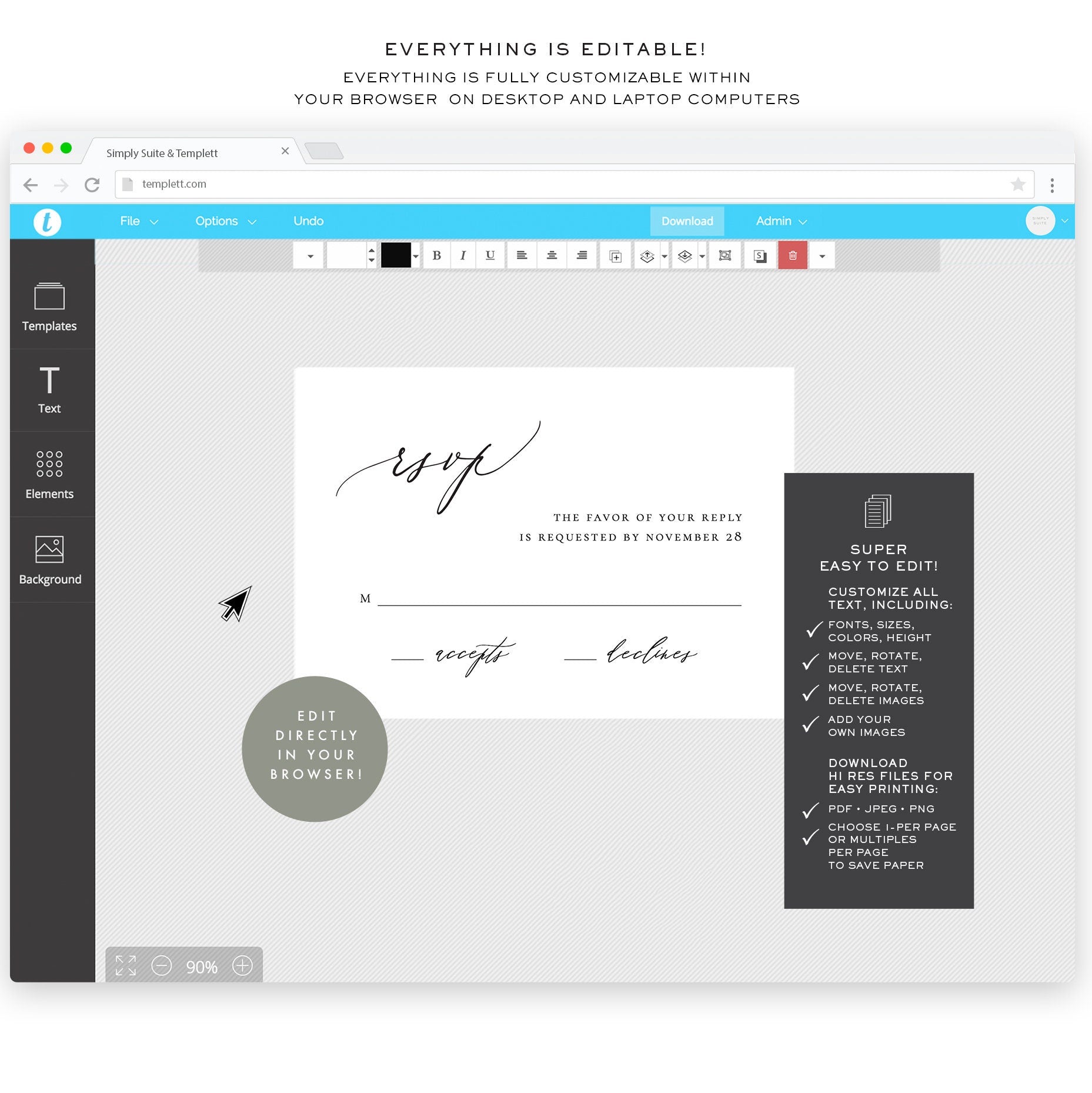 Calligraphy Wedding RSVP Card Template: Editable 3.5x5 (Instant Download)