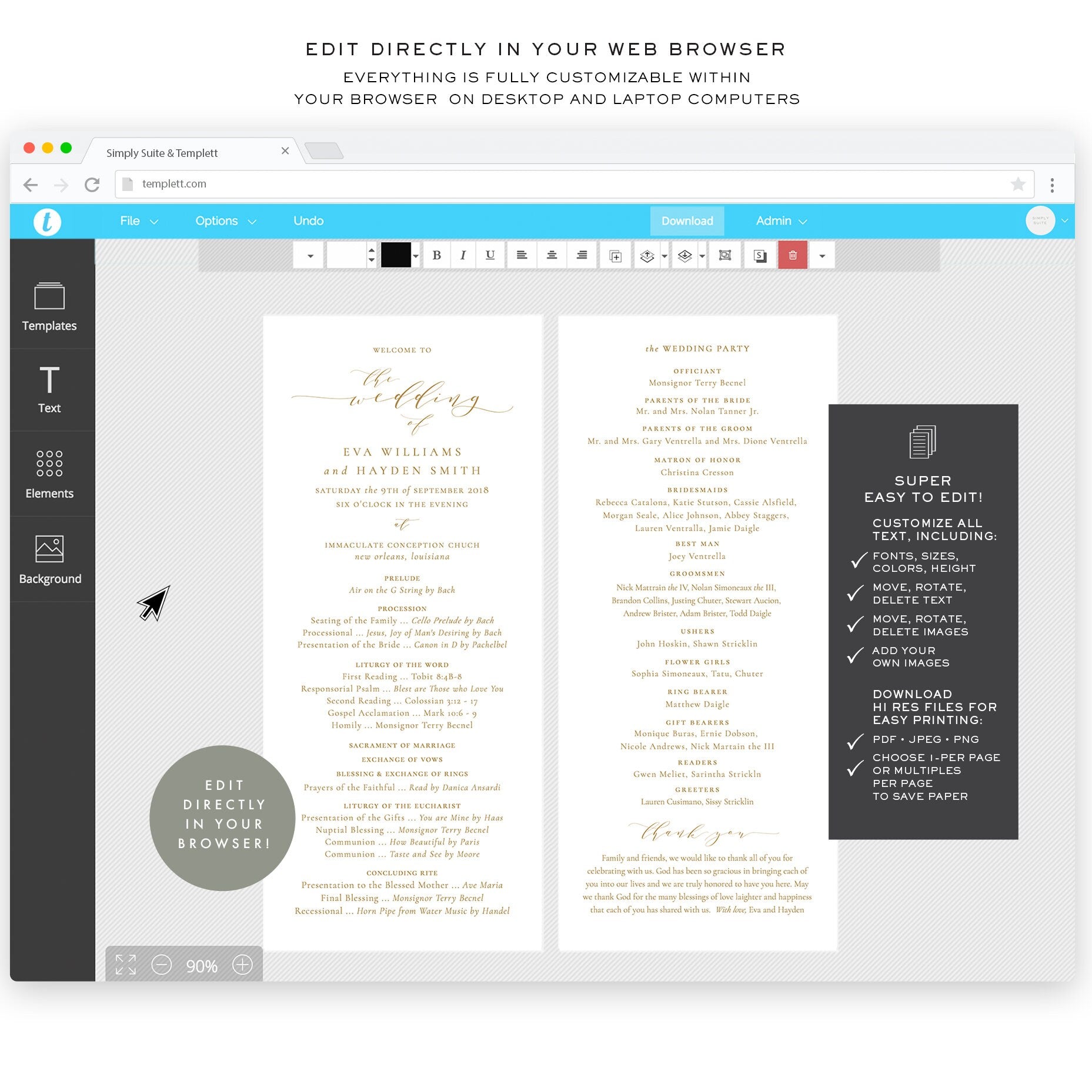 Gold Calligraphy Catholic Wedding Program Template 4x9 (Printable, Editable, Instant Download)