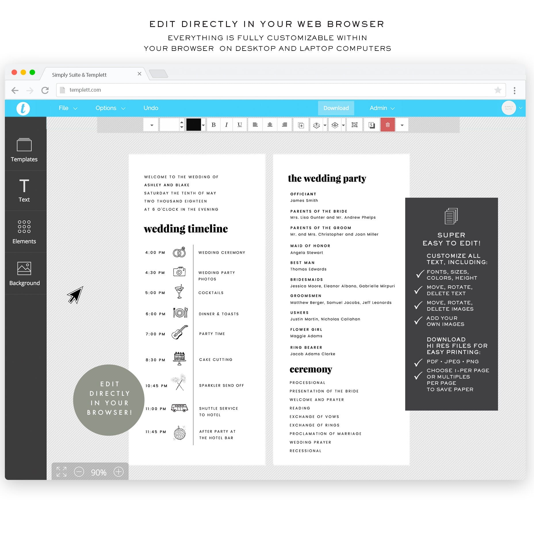 Wedding Timeline Program Template: DIY Editable, Icon Details (Instant Download)