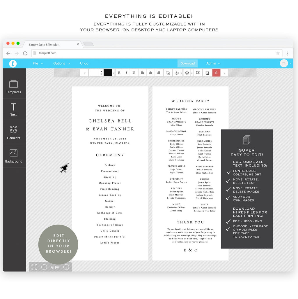Elegant Wedding Program Template: Simple Classic Design (Instant Download)