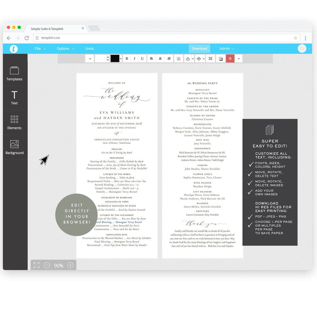 Catholic Wedding Program Template: Slate Gray Calligraphy (Instant Download)