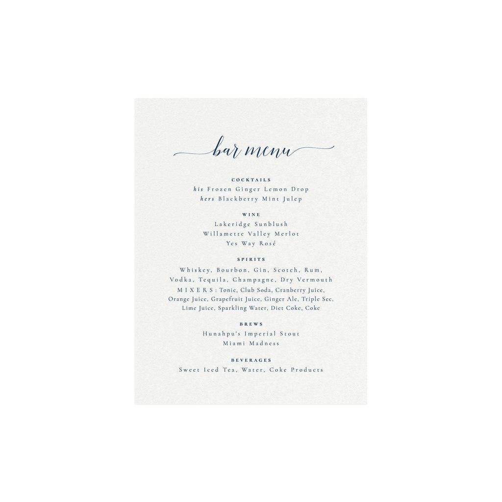 Navy Calligraphy Bar Menu Template: Wedding Reception Sign (Digital Download)
