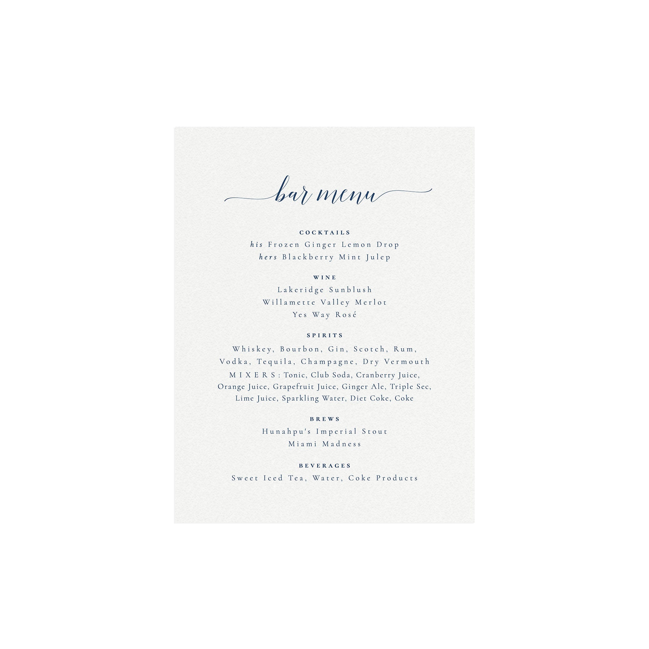 Navy Calligraphy Bar Menu Template: Wedding Reception Sign (Digital Download)