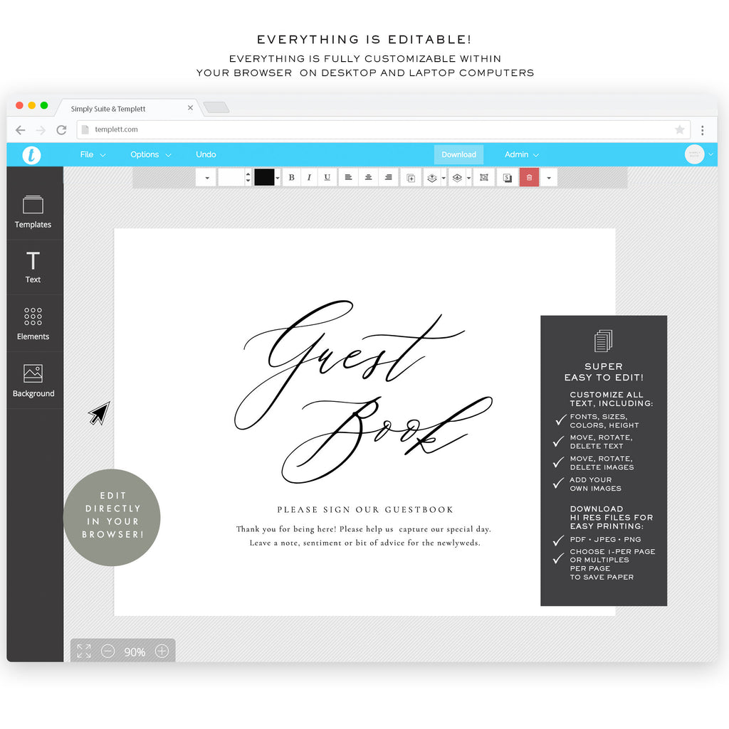 Calligraphy Wedding Guest Book Sign: Minimalist 8x10 Template (Digital Download)