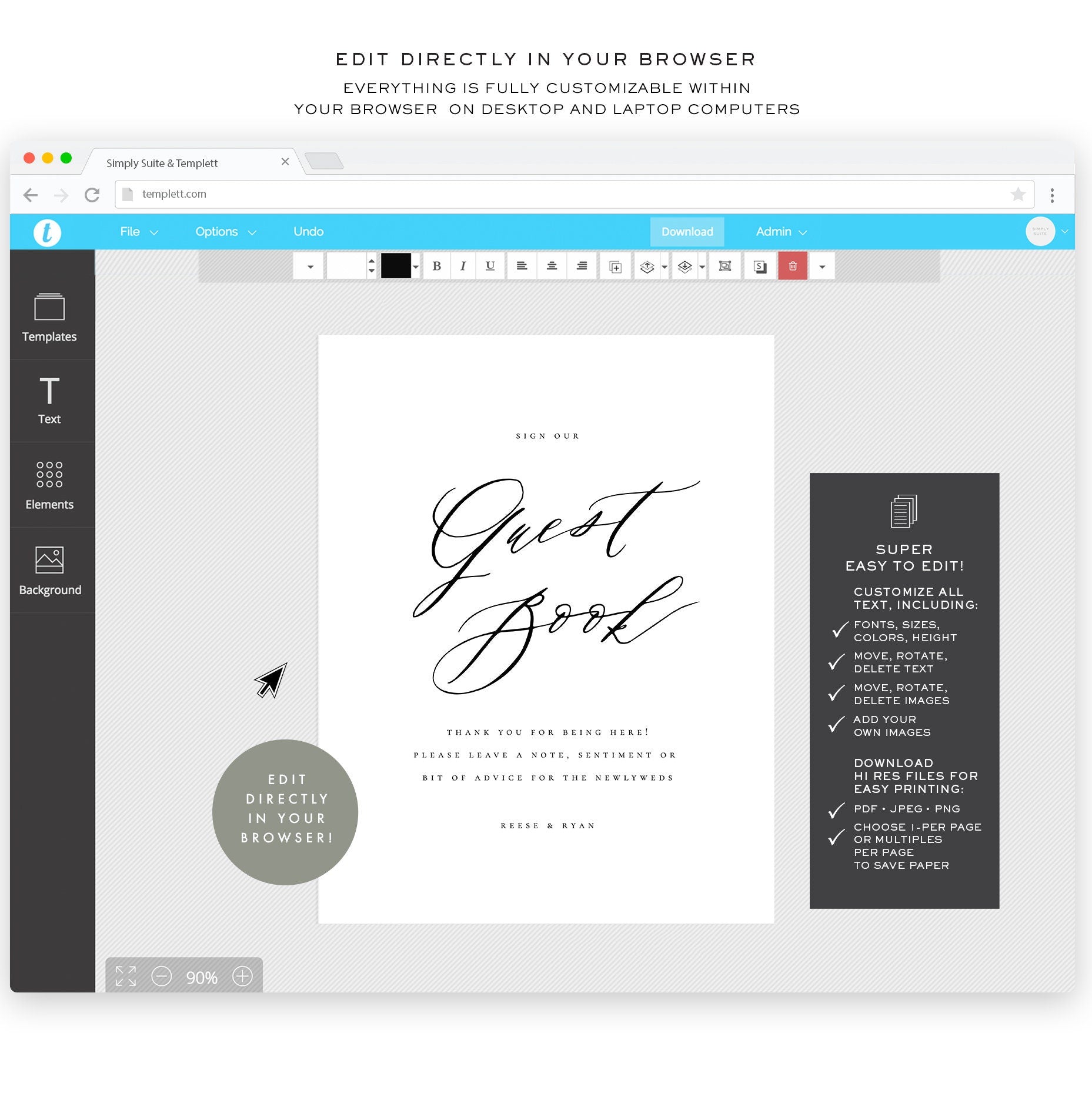 Calligraphy Wedding Guest Book Sign: Reese Template (Digital Download)