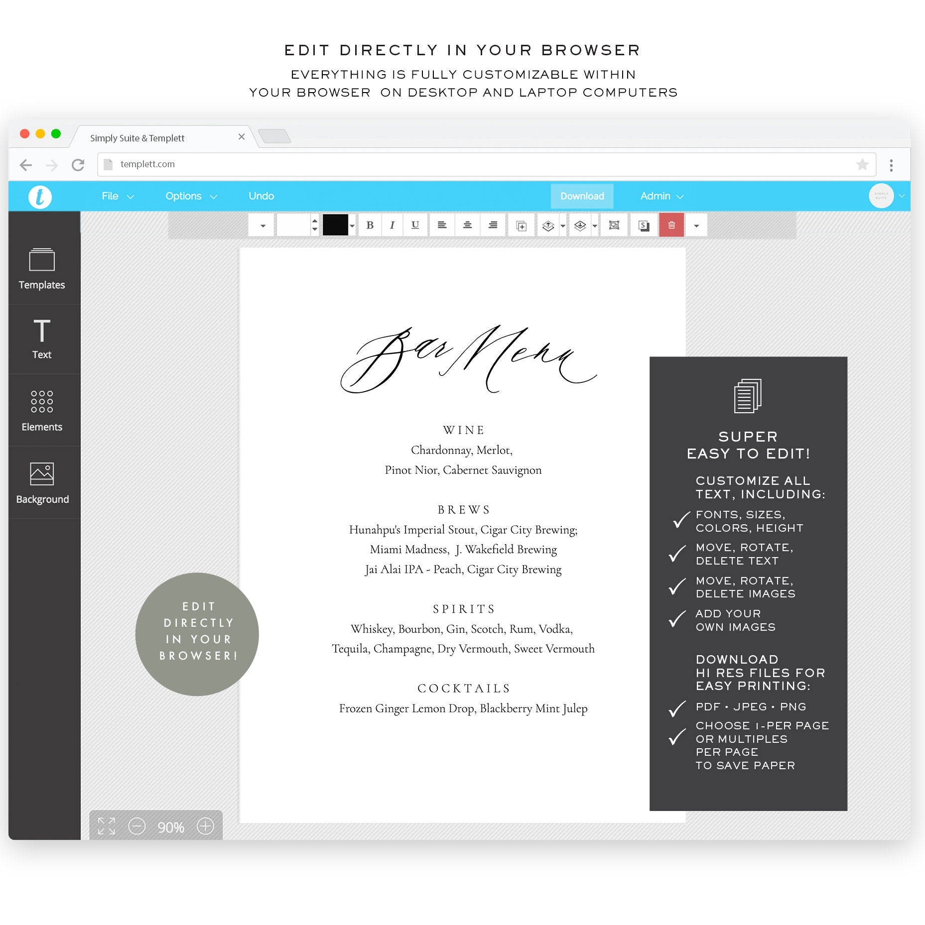 Calligraphy Bar Menu Sign Template: Wedding, Party (Instant Download)