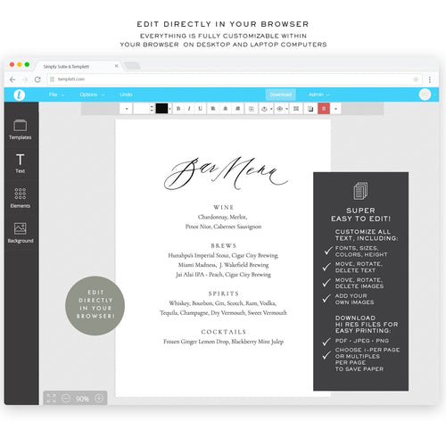 Calligraphy Bar Menu Sign Template: Wedding, Party (Instant Download)