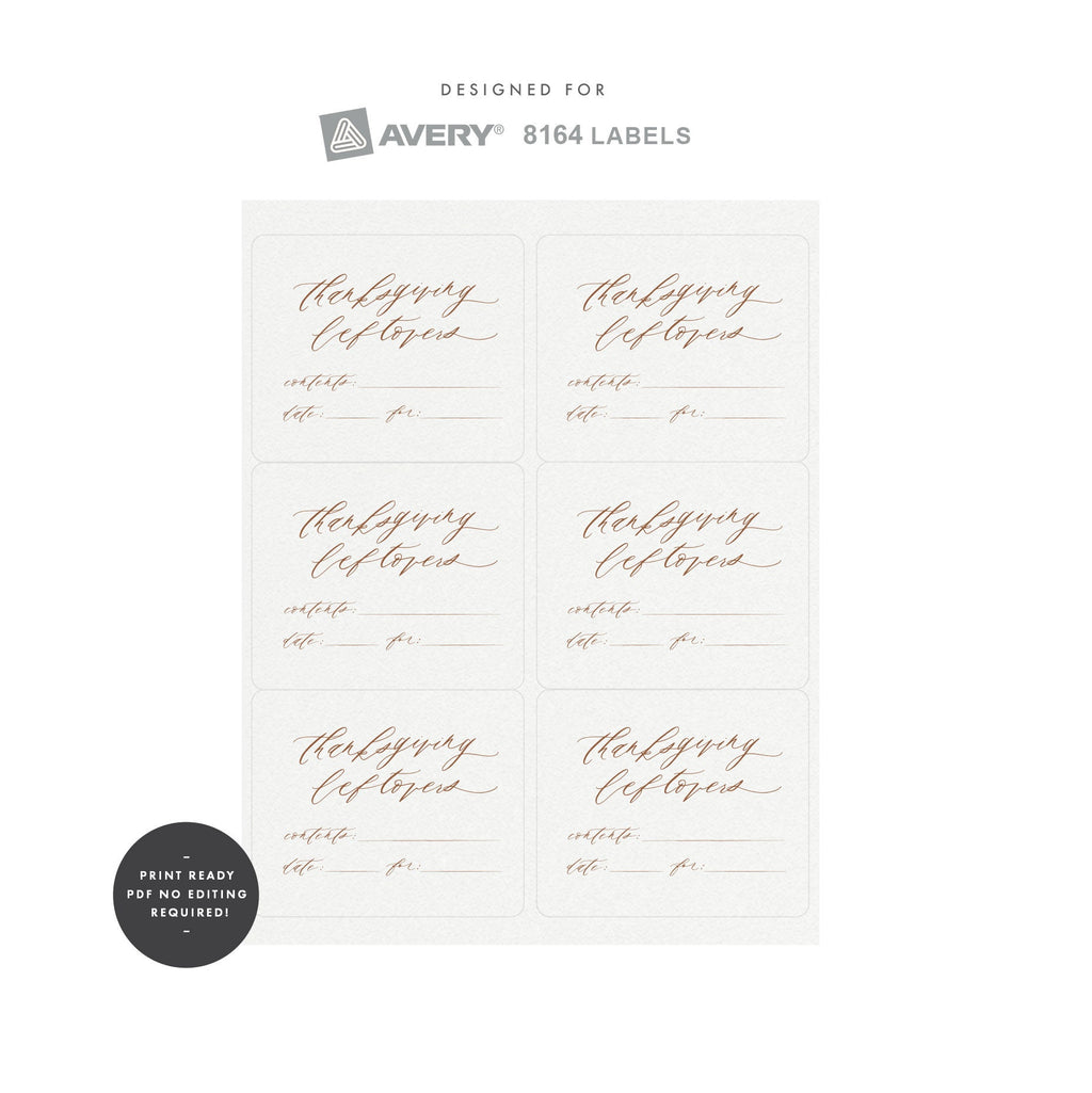 Printable Thanksgiving Leftovers Label, Copper Lettering, AVERY 8164 (PDF Instant Download)