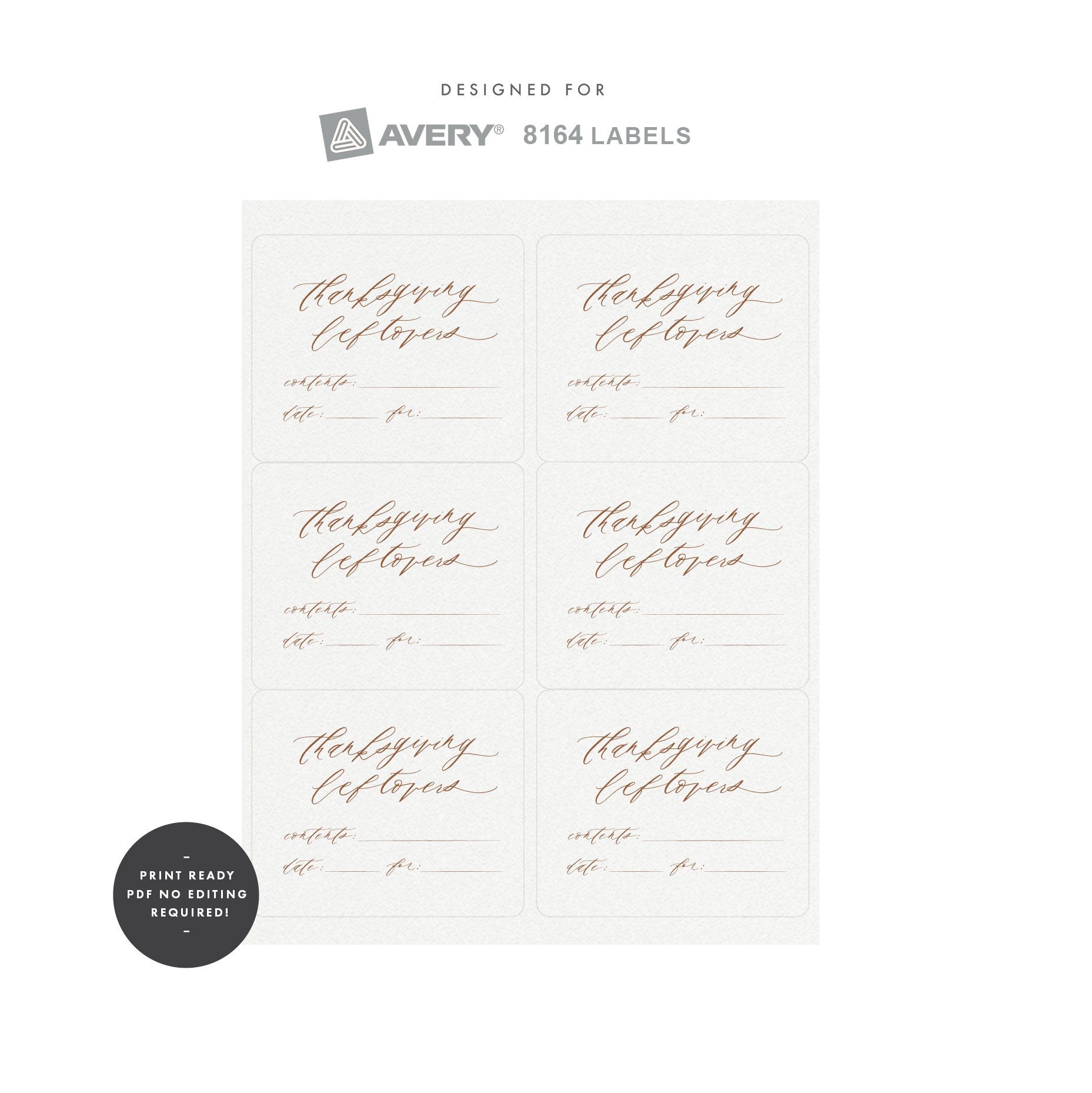 Printable Thanksgiving Leftovers Label, Copper Lettering, AVERY 8164 (PDF Instant Download)