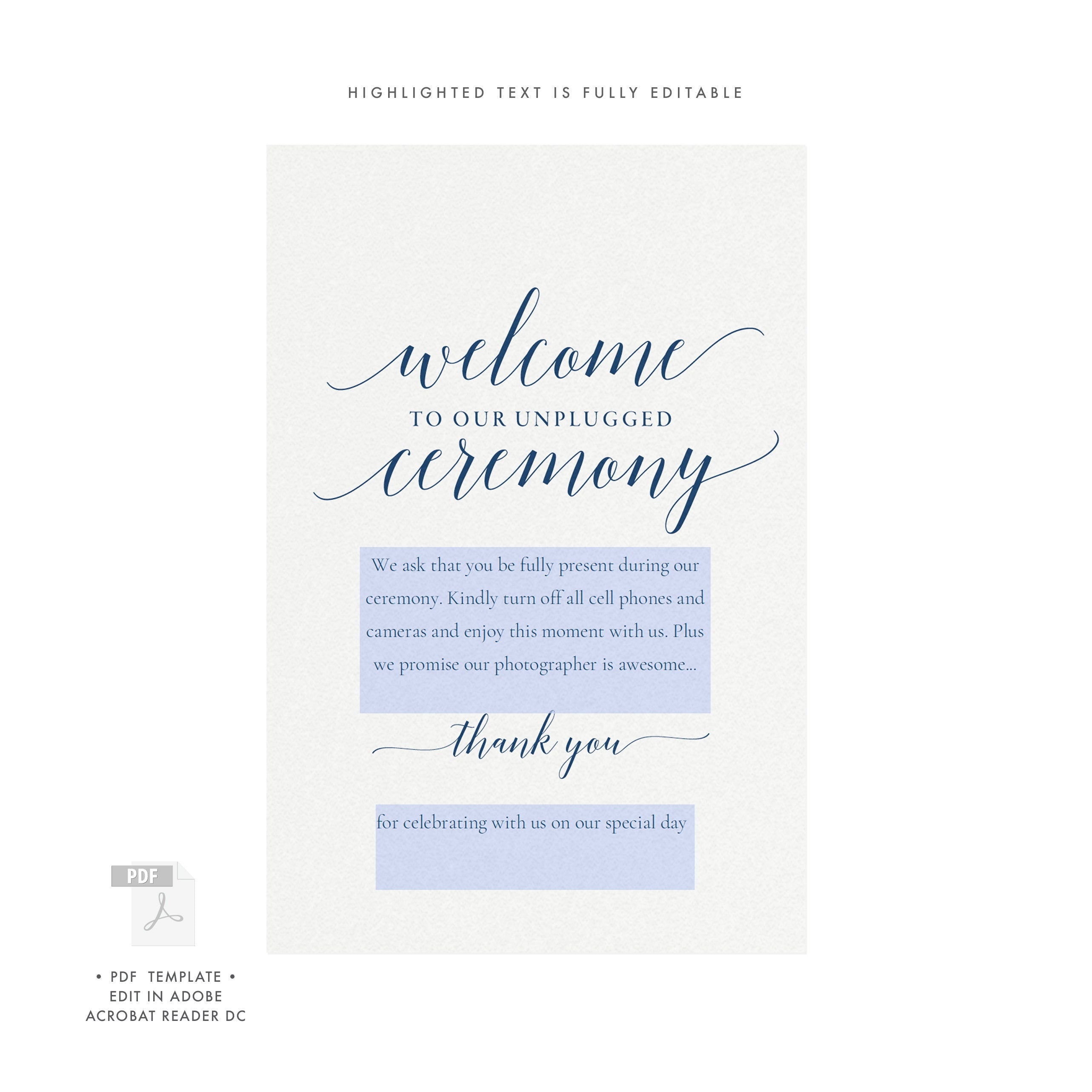 Navy Blue Unplugged Wedding Sign Template (PDF Instant Download)
