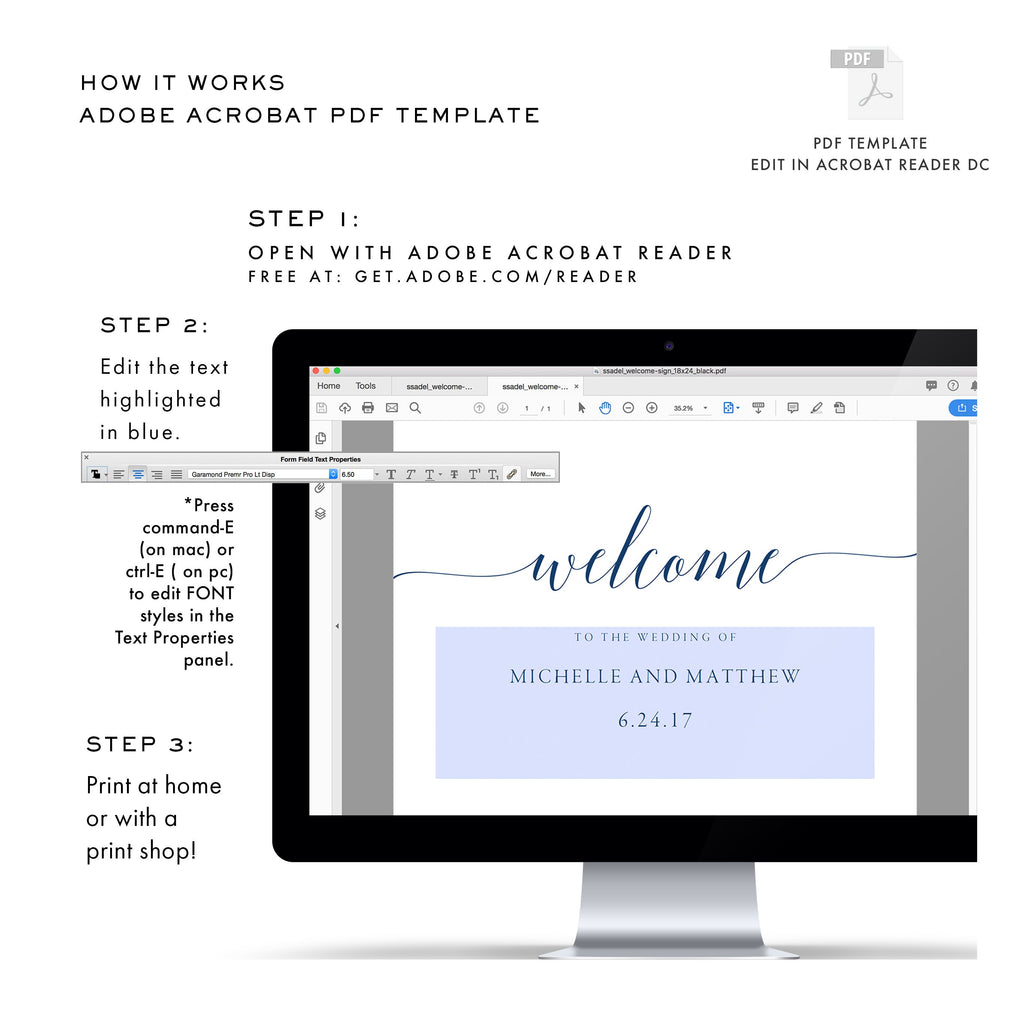 Navy Blue Welcome Sign Template: Calligraphy Wedding Decor (PDF Download)