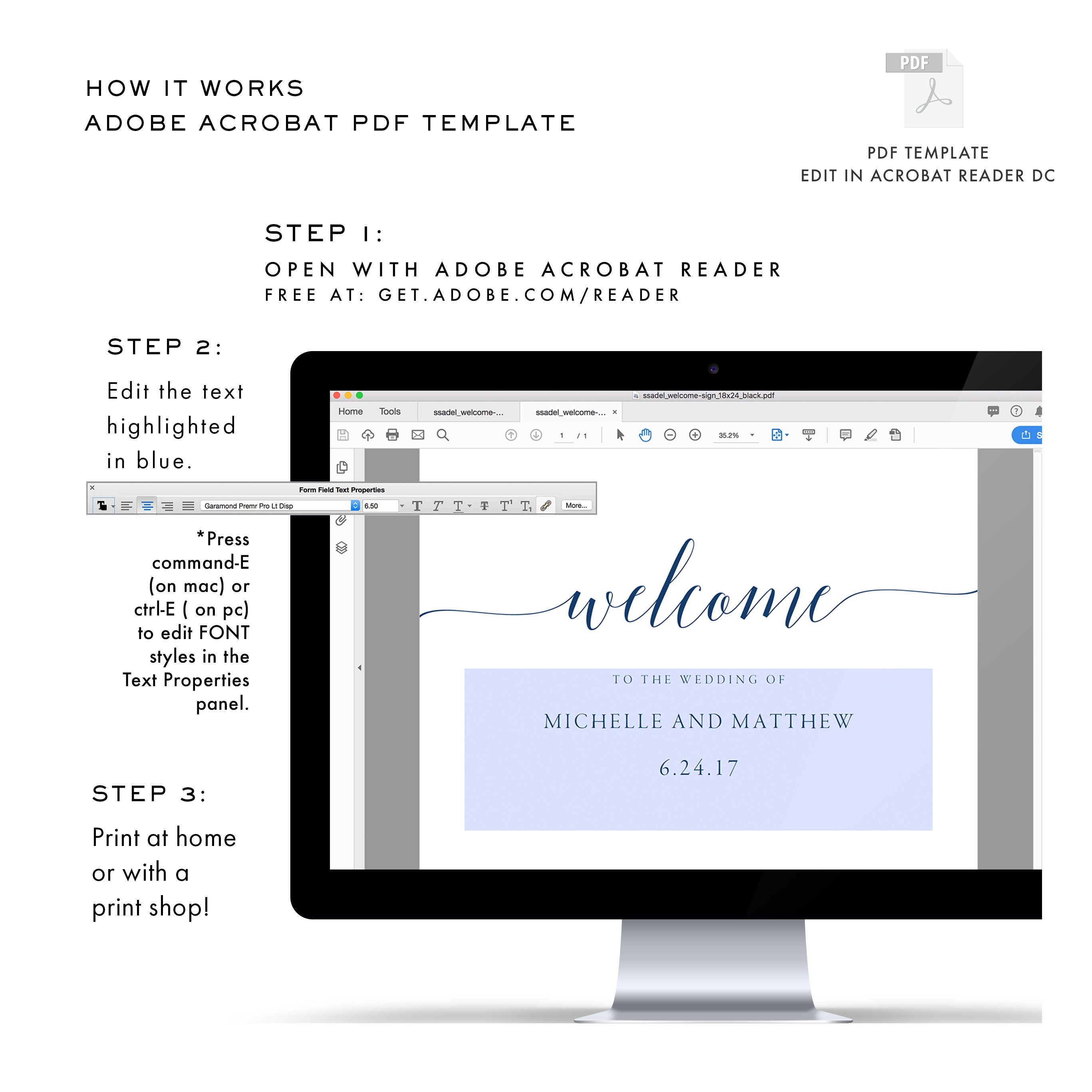 Navy Blue Welcome Sign Template: Calligraphy Wedding Decor (PDF Download)