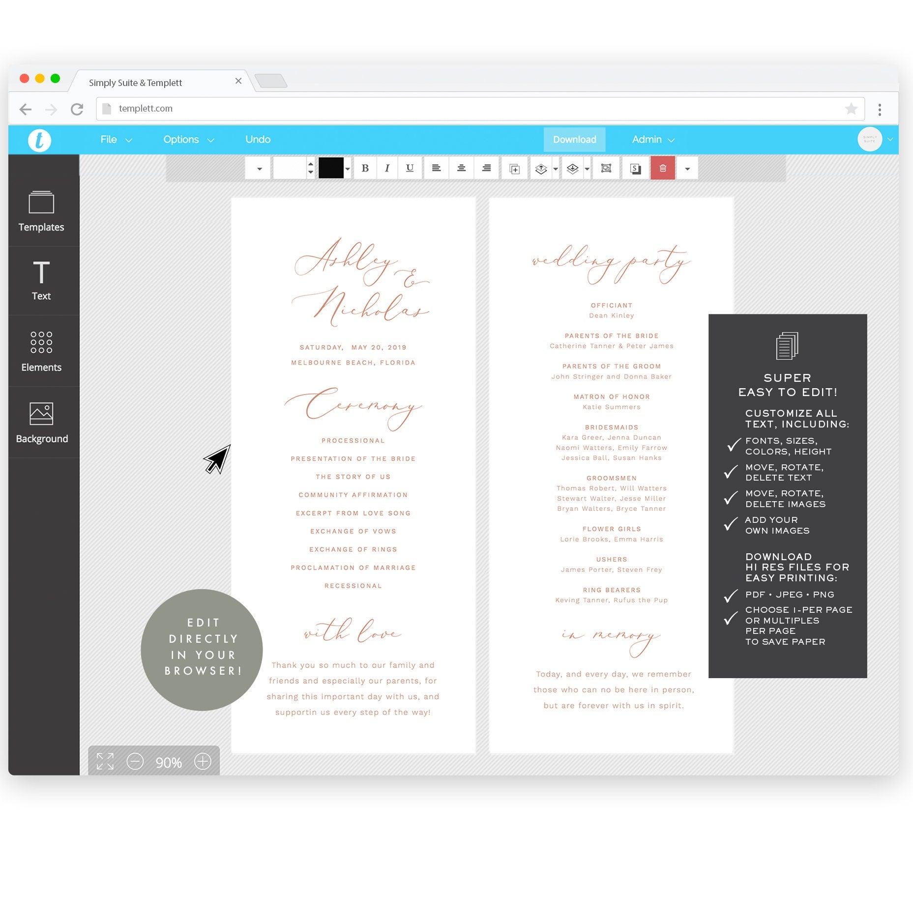 Elegant Calligraphy Wedding Program Template 4x9 (Instant Download)