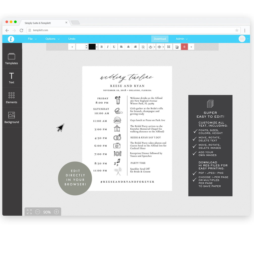 Wedding Timeline Template: Reese, 5x7 with Icons (DIY, Instant Download)