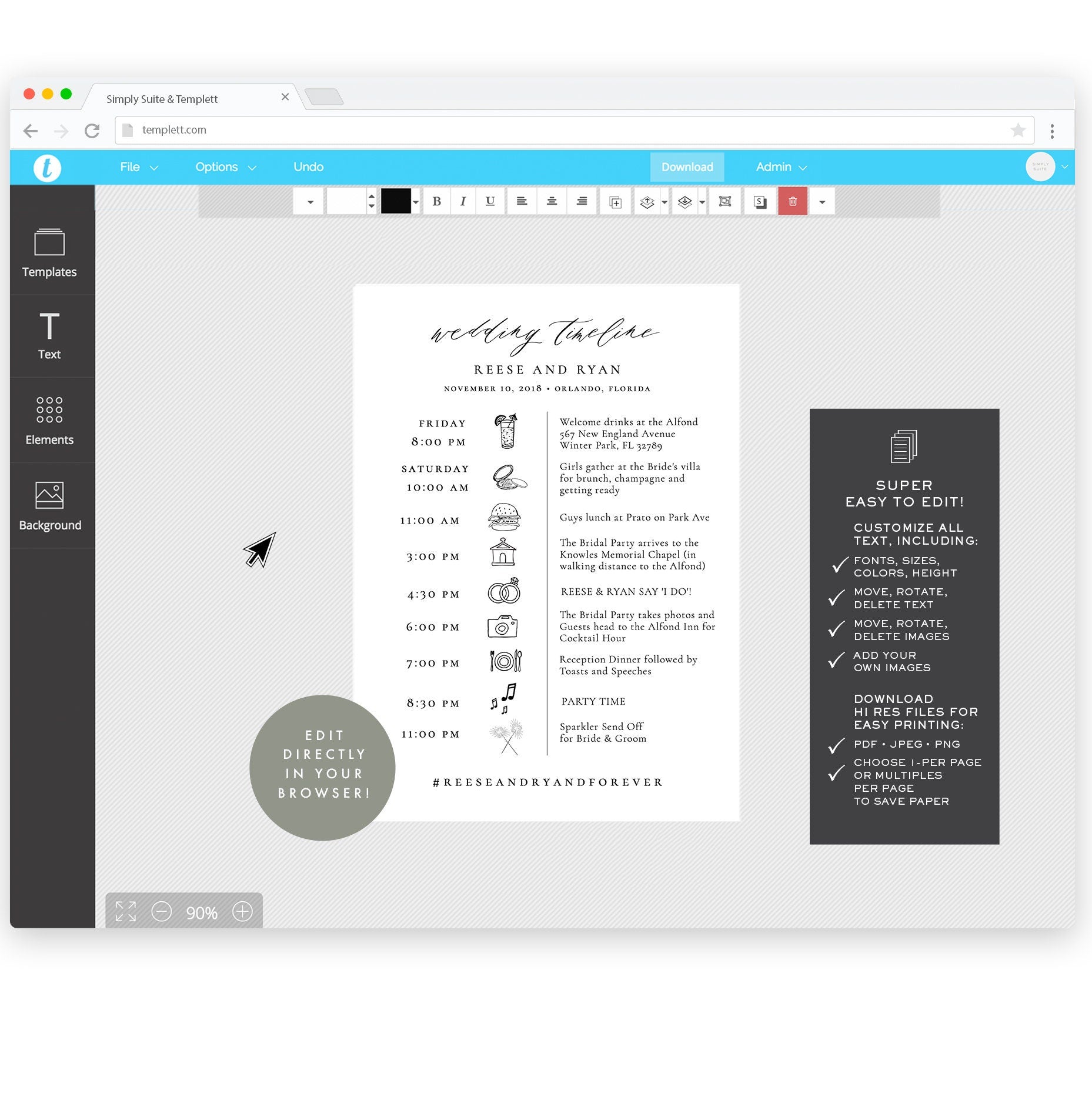 Wedding Timeline Template: Reese, 5x7 with Icons (DIY, Instant Download)