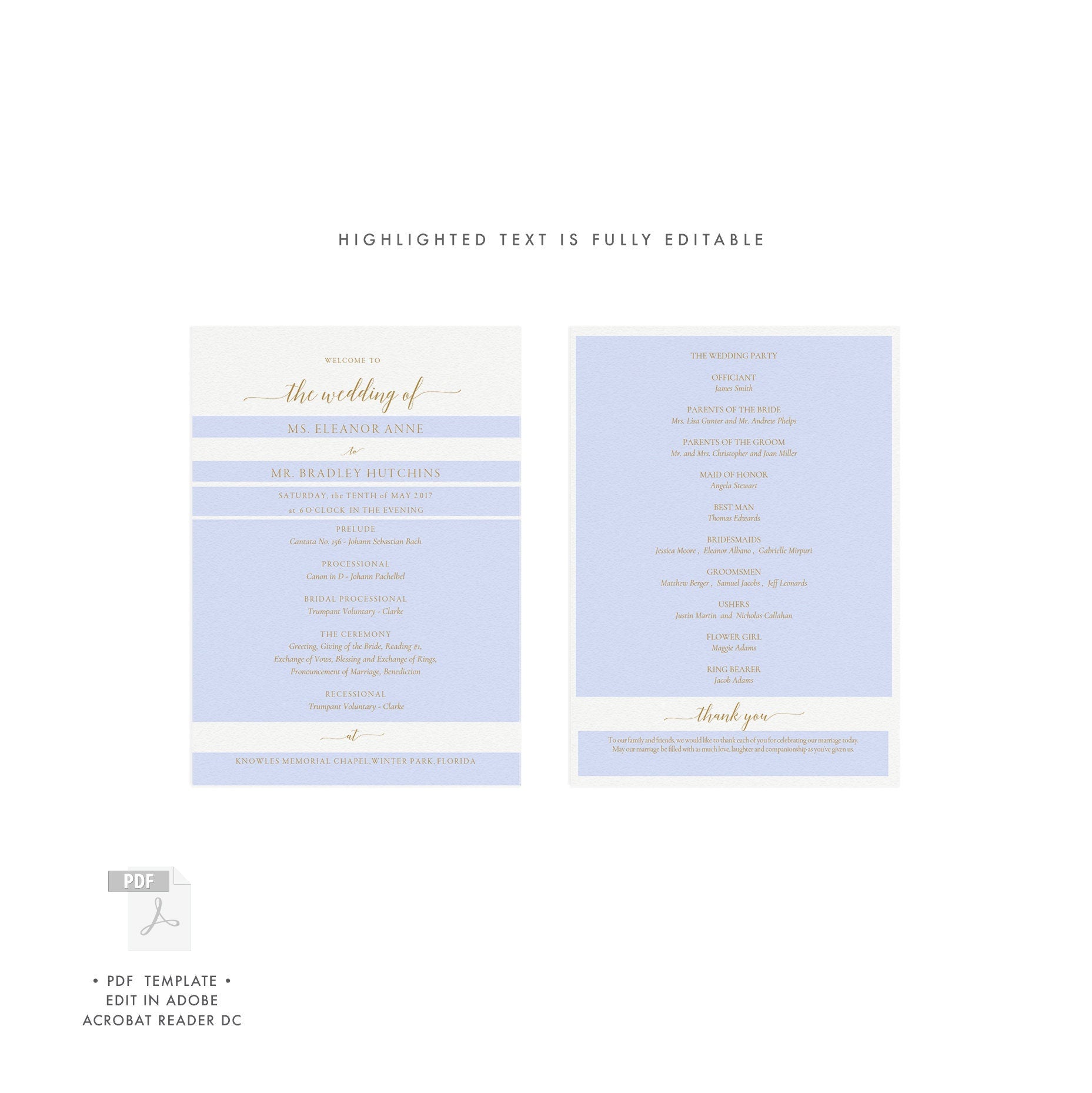 Gold Elegant Wedding Program Template: Editable 5x7 PDF (Instant Download)