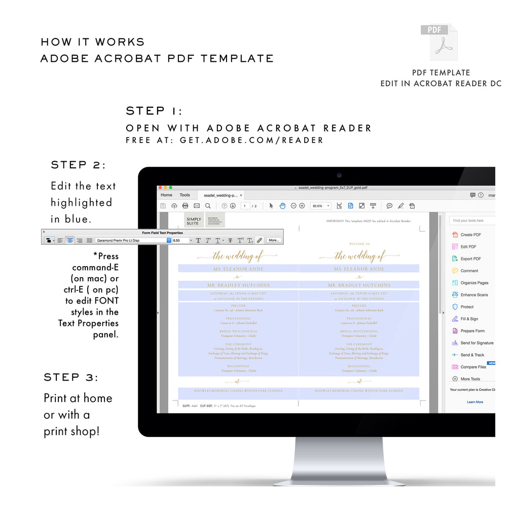 Gold Elegant Wedding Program Template: Editable 5x7 PDF (Instant Download)