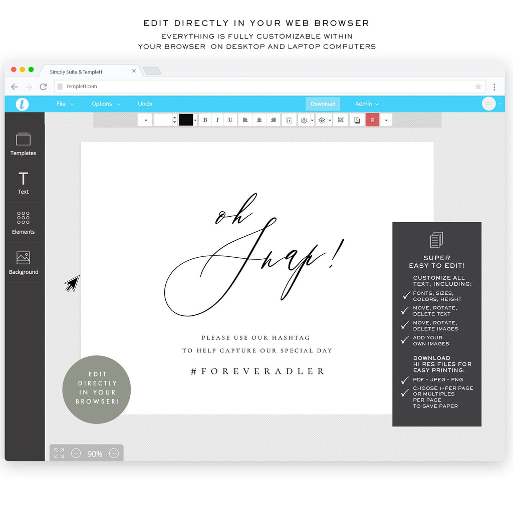 Calligraphy Oh Snap! Wedding Social Media Sign Template (Digital Download)