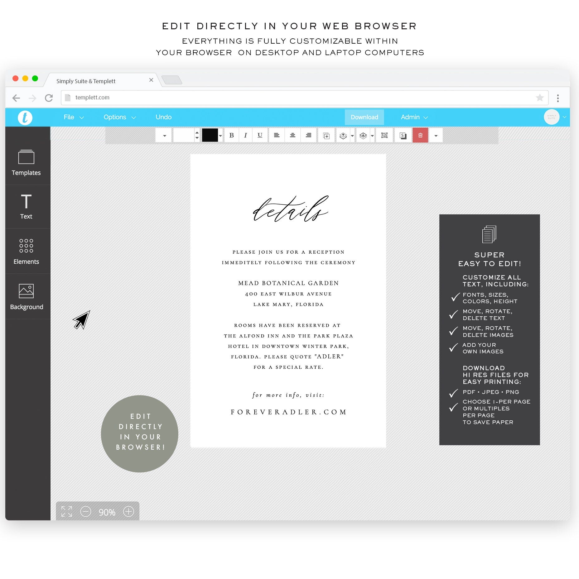 Calligraphy Wedding Details Card Template: Minimalist 4x6 (Instant Download)