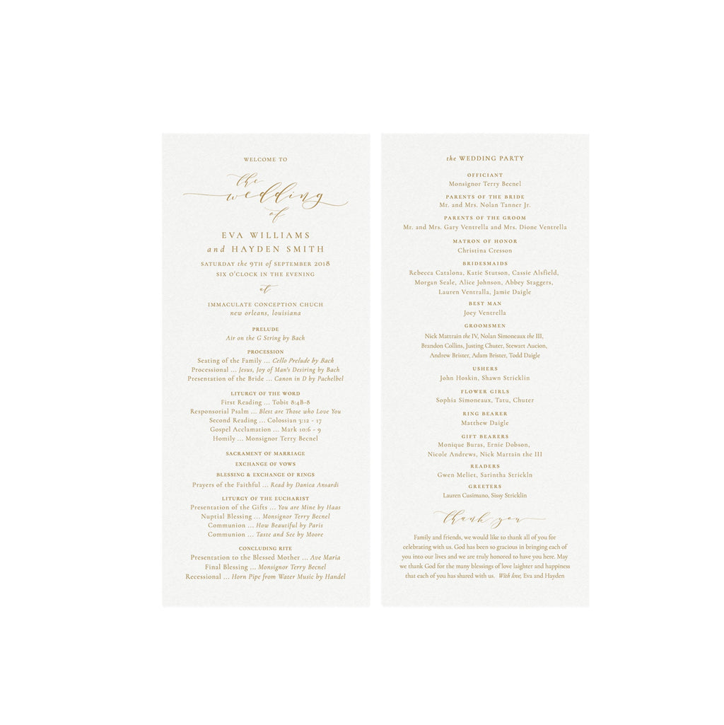 Gold Calligraphy Catholic Wedding Program Template 4x9 (Printable, Editable, Instant Download)