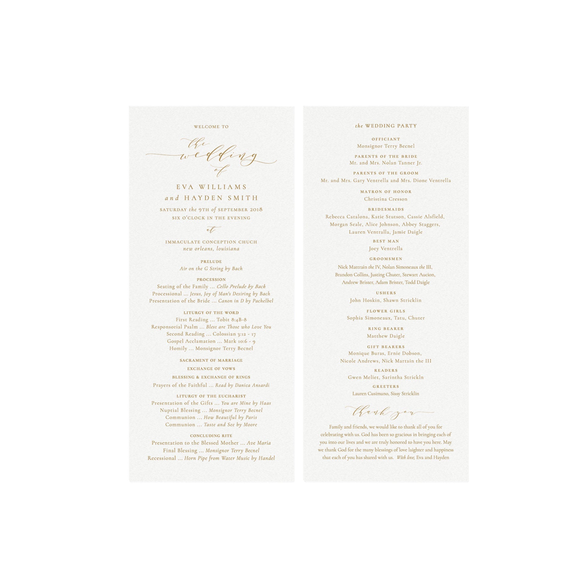 Gold Calligraphy Catholic Wedding Program Template 4x9 (Printable, Editable, Instant Download)