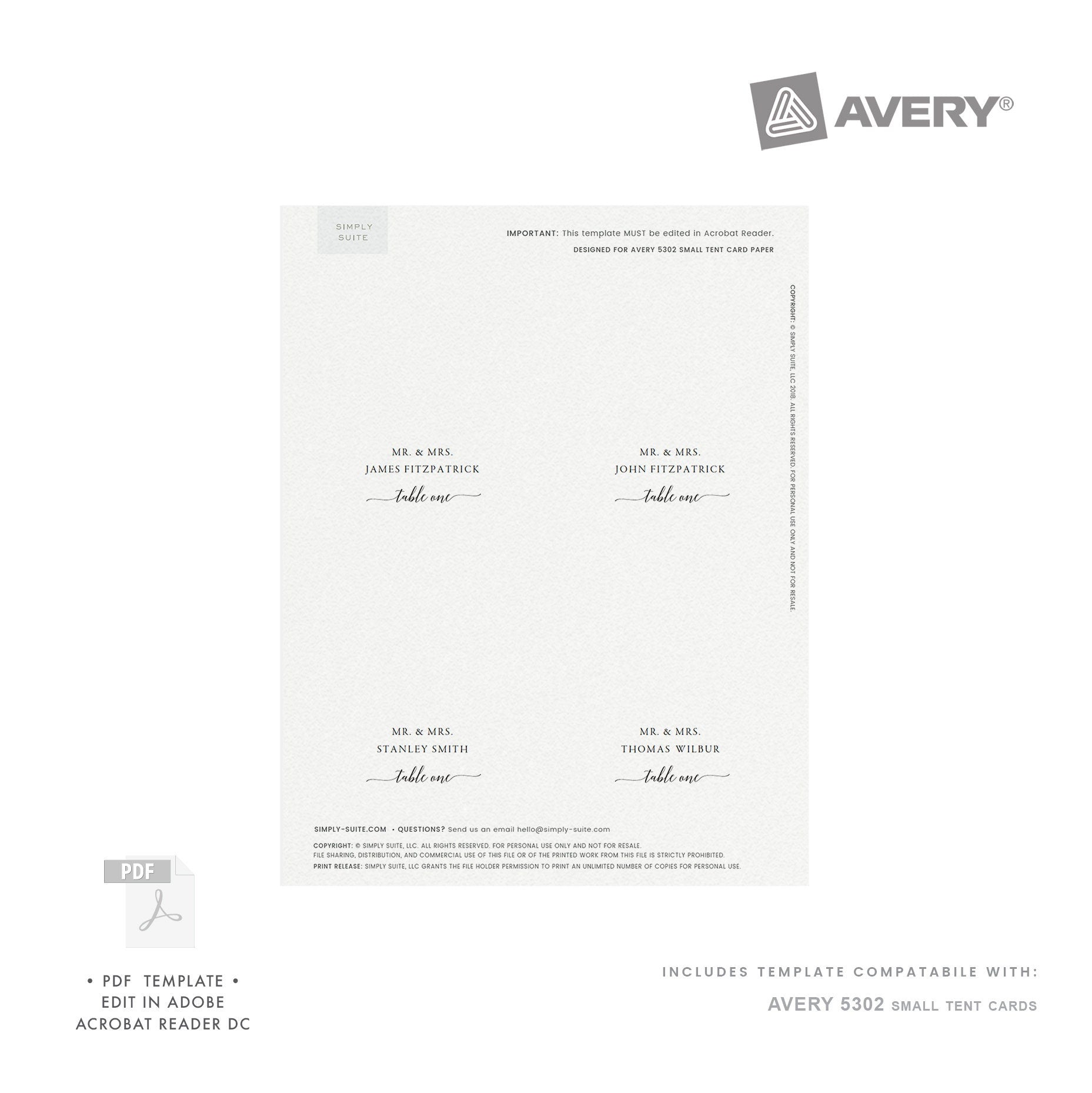 Adel: AVERY 5302 Small Tent Cards, Folded Escort Card Template, DIY Printable Place Card Template, Editable PDF Template, Instant Download