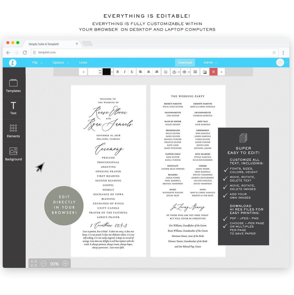 Calligraphy Wedding Program Template: Simple, Elegant (3.75x9, Instant Download)