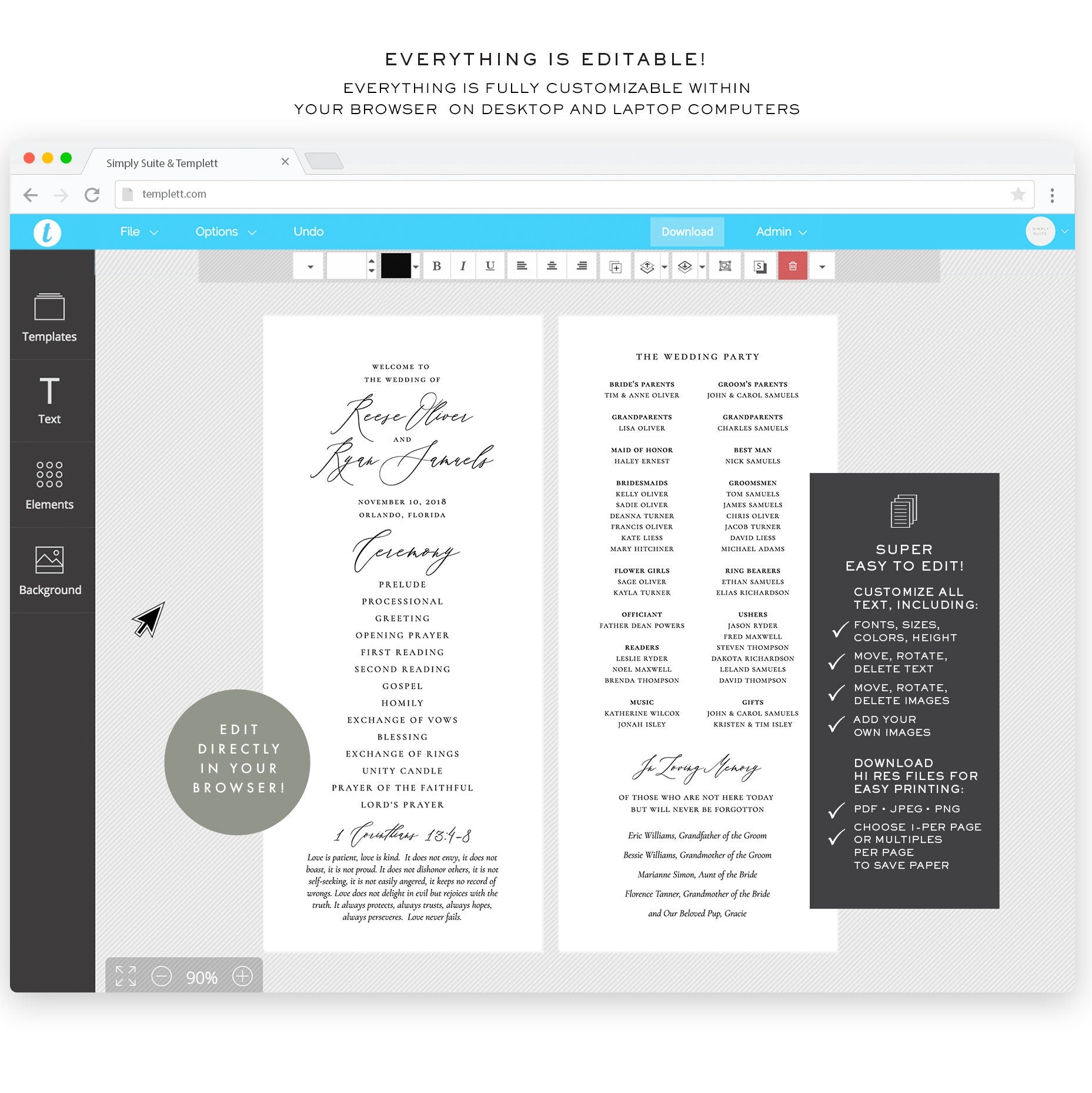 Calligraphy Wedding Program Template: Simple, Elegant (3.75x9, Instant Download)