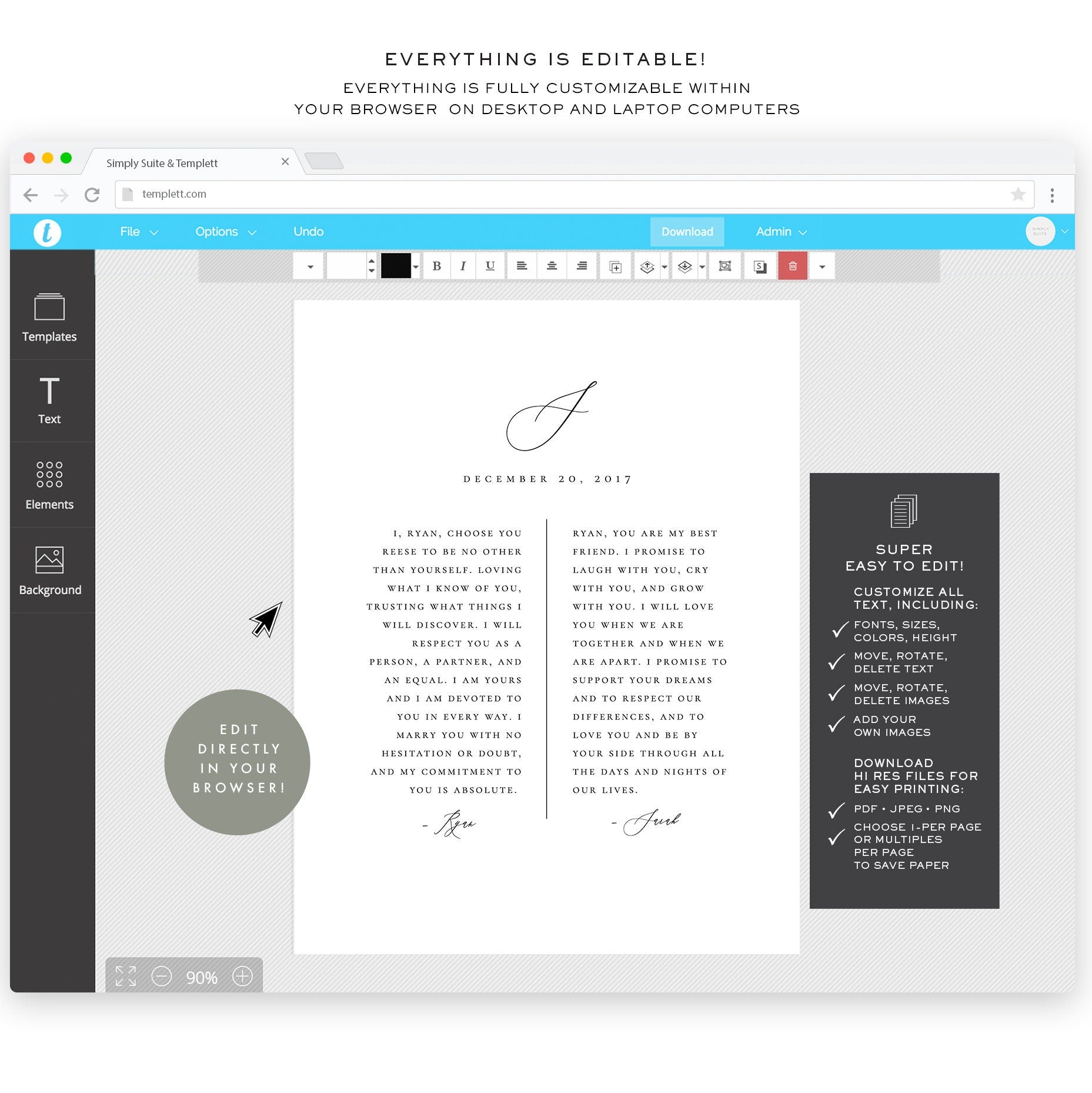 Wedding Vow Keepsake Template: 1st Anniversary Paper Gift (Digital Download)