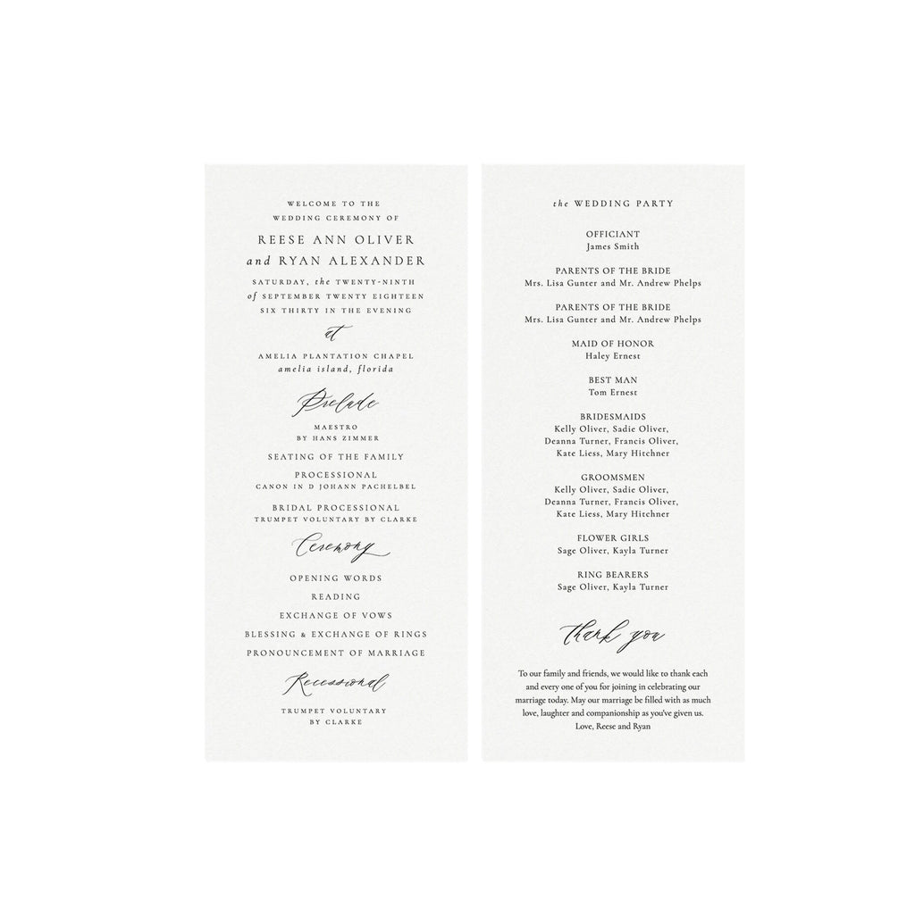 Calligraphy Wedding Program Template: Reese, Double Sided (Digital Download)