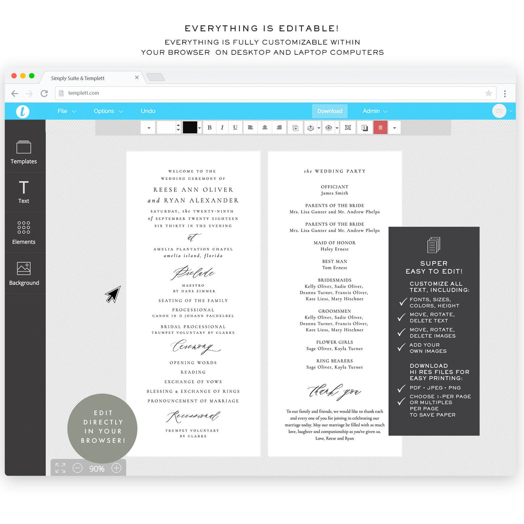 Calligraphy Wedding Program Template: Reese, Double Sided (Digital Download)